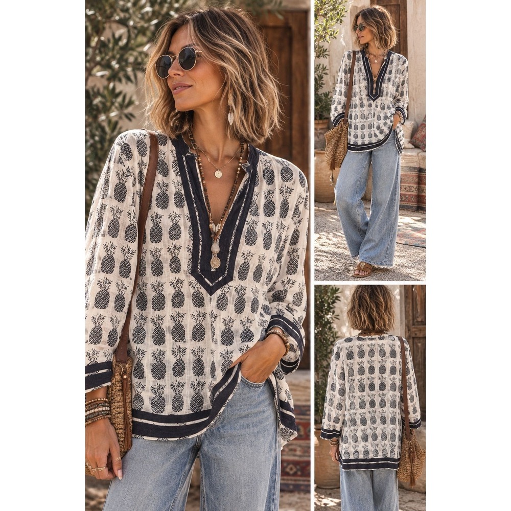 Tory Burch Size 6 Pineapple Print Cotton Tunic Blouse – Black & White Boho